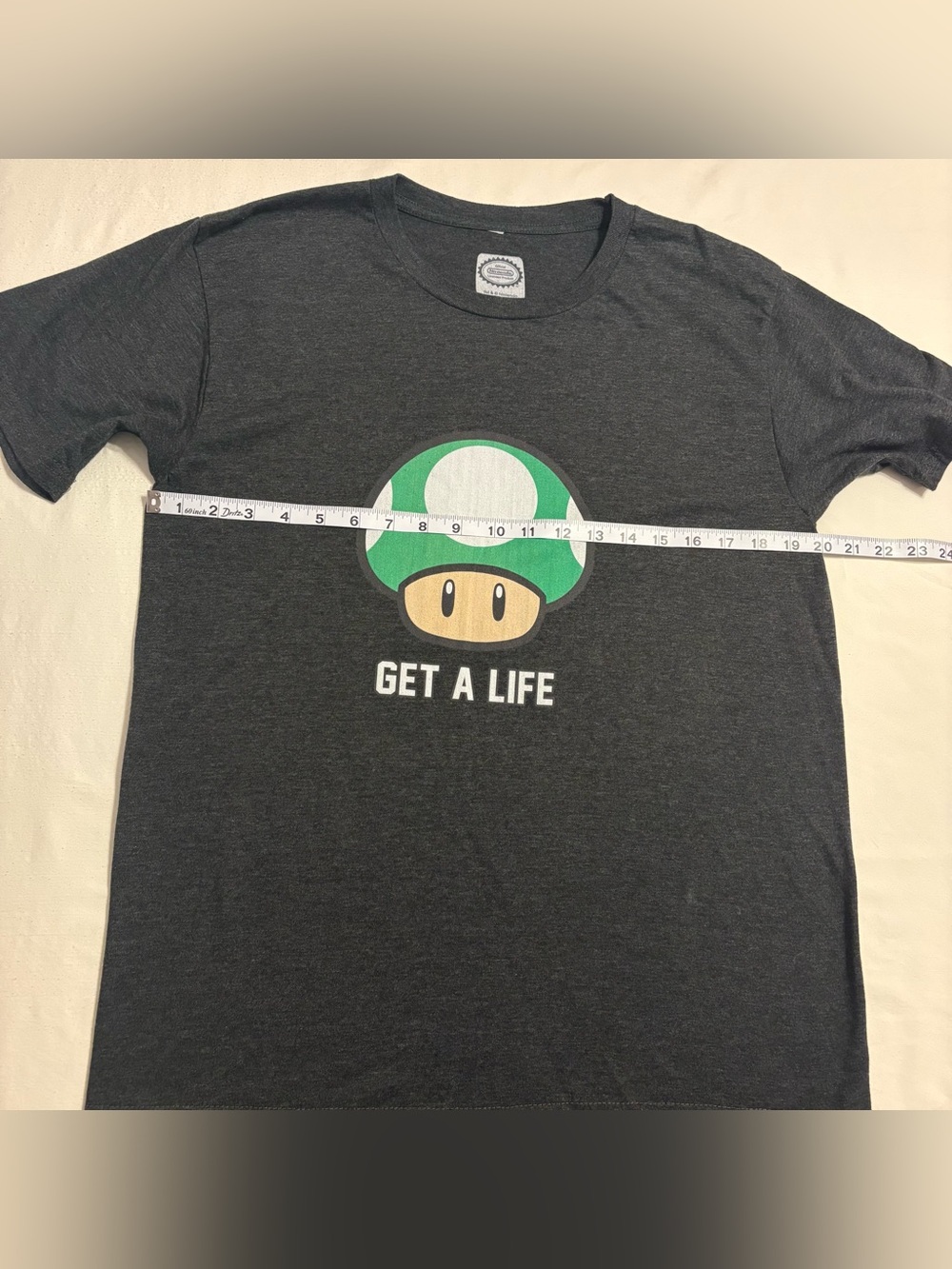 Nintendo Men's Dark Gray T-Shirt with Green 1-Up Mushroom Graphic- Get a Life - Picture 2 of 4